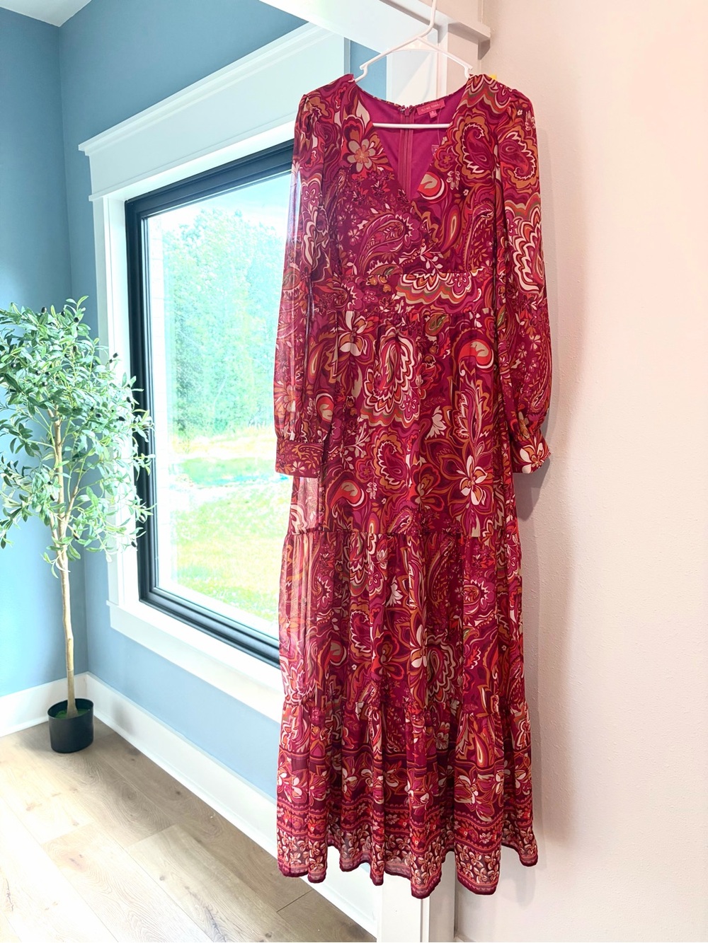 Flying Tomato Red Paisley Tiered Long Sleeve Maxi Dress
